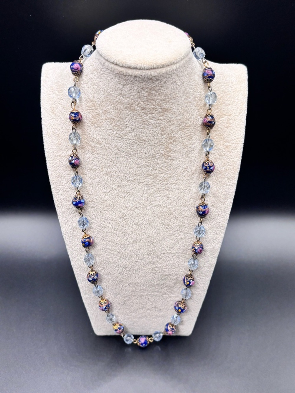 Vintage Venetian Murano Glass Wedding Cake Bead Necklace Cobalt Blue Fiorato 23”